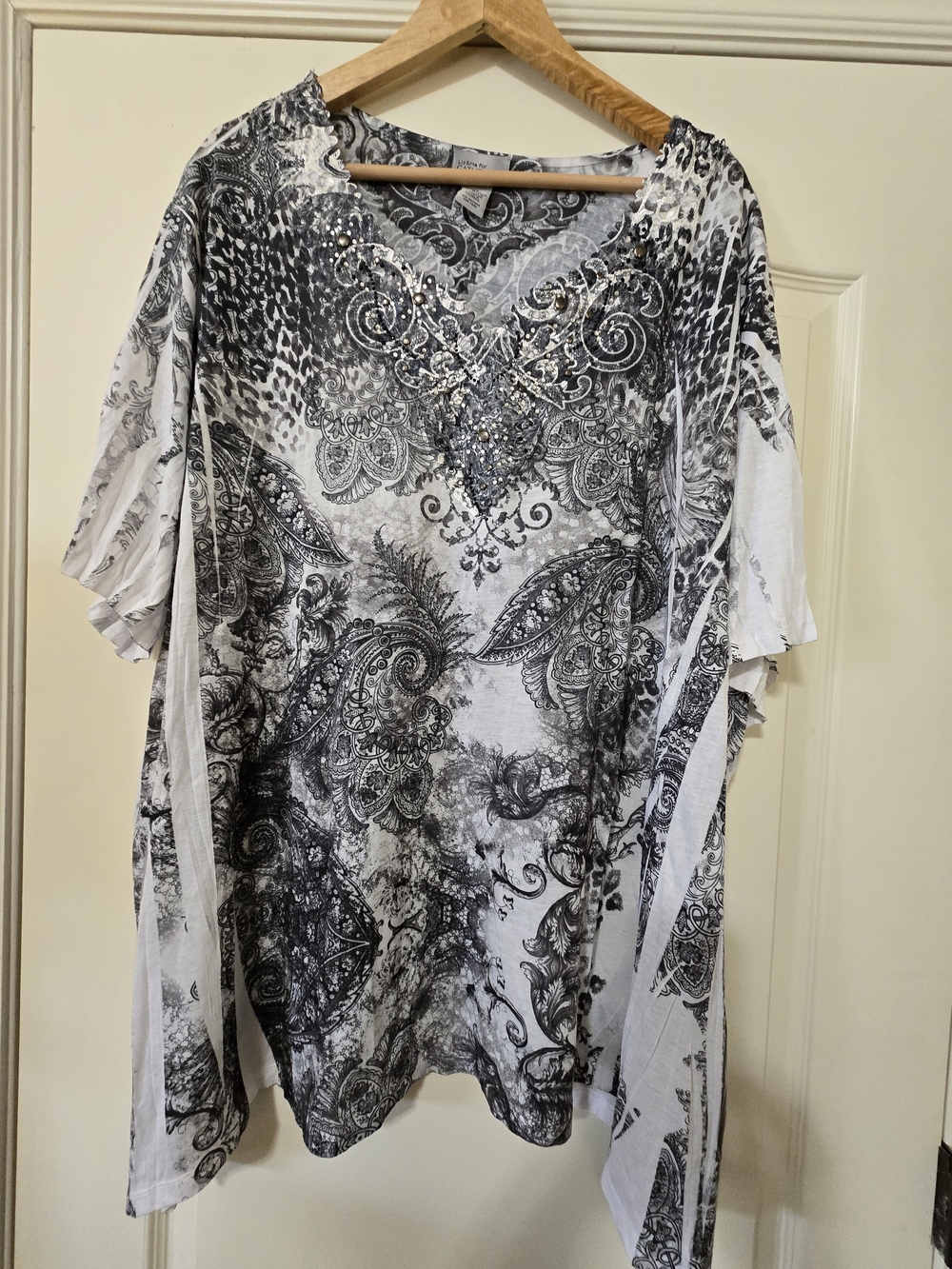 Catherines Liz & Me Black & White Paisley V-Neck Tunic with Rhinestone Detail